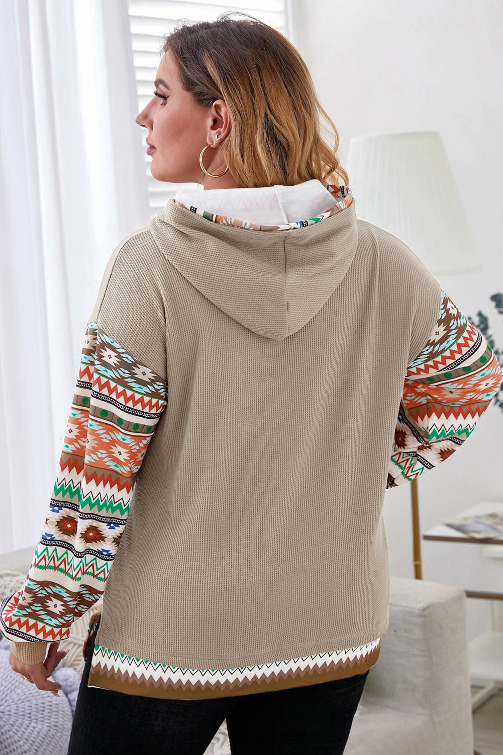 Smoke Gray Patchwork Waffle Drawstring Plus Size Hoodie
