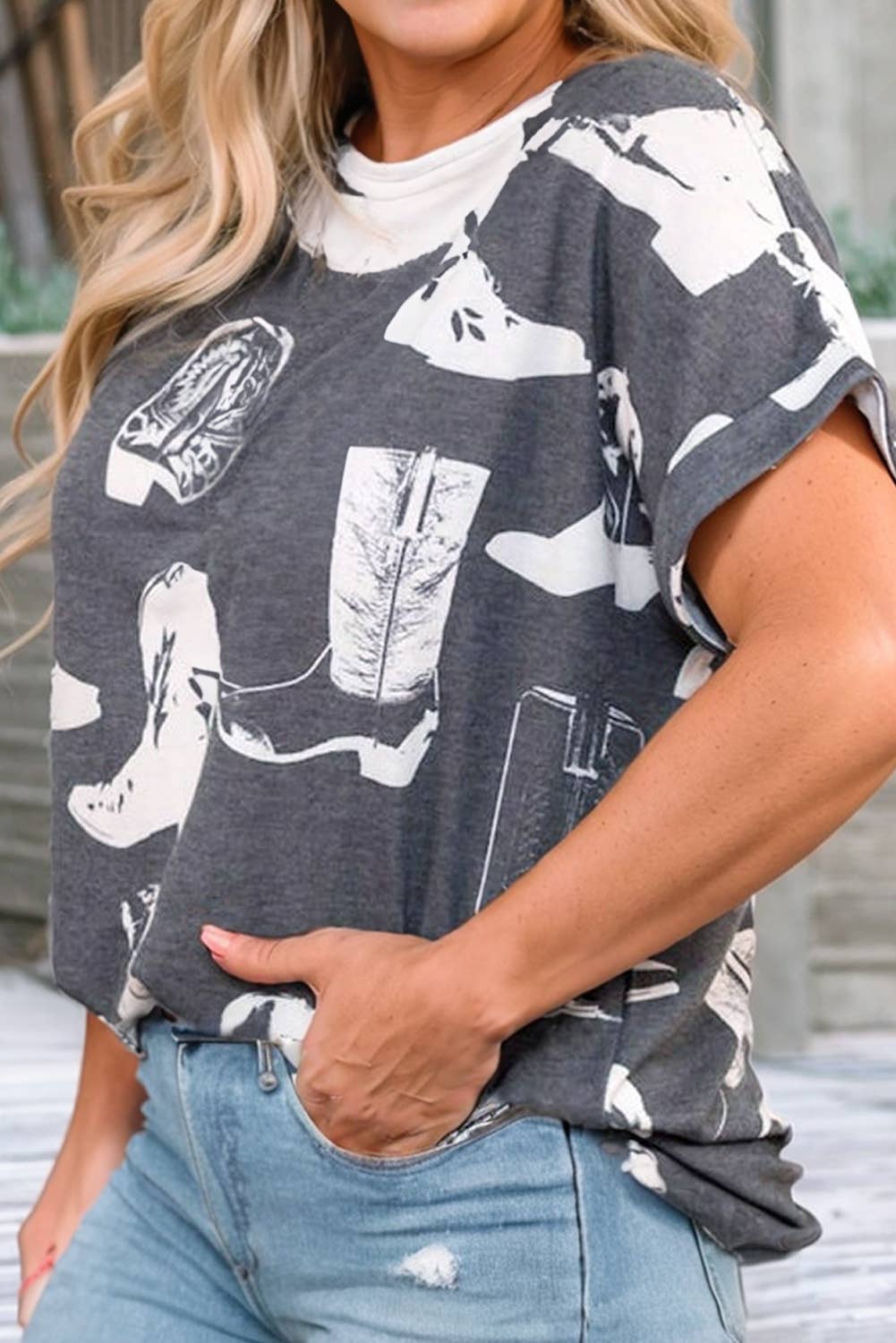 Plus Size Western Boots Print Crew Neck T Shirt