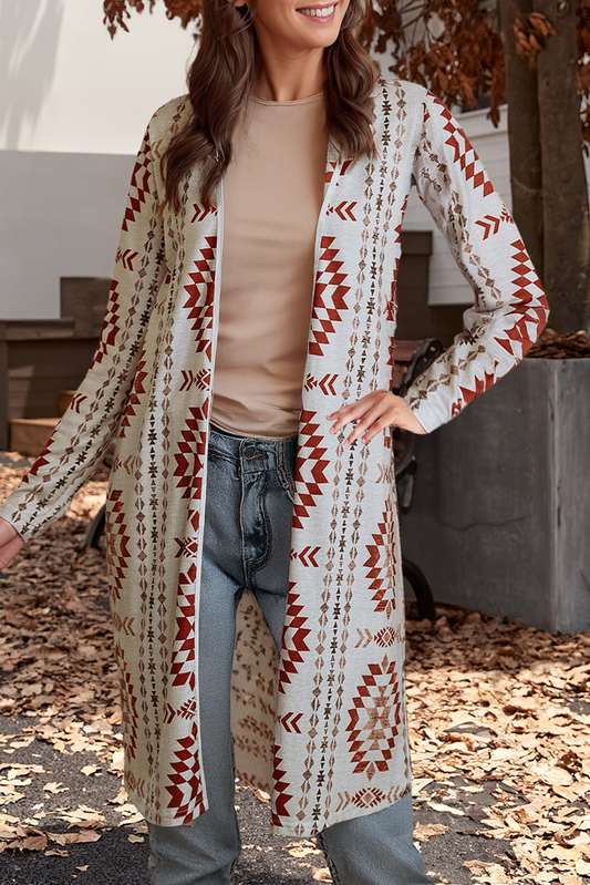 Western Printed Open Front Long Cardigan