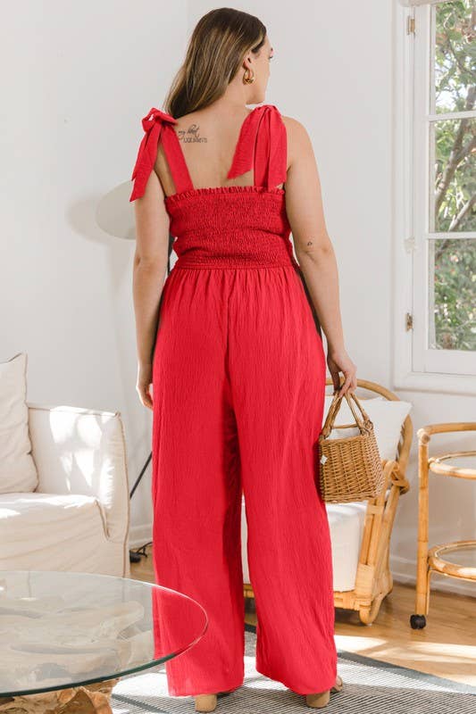 Plus Size Smocked Solid Jumpsuit with Pockets
