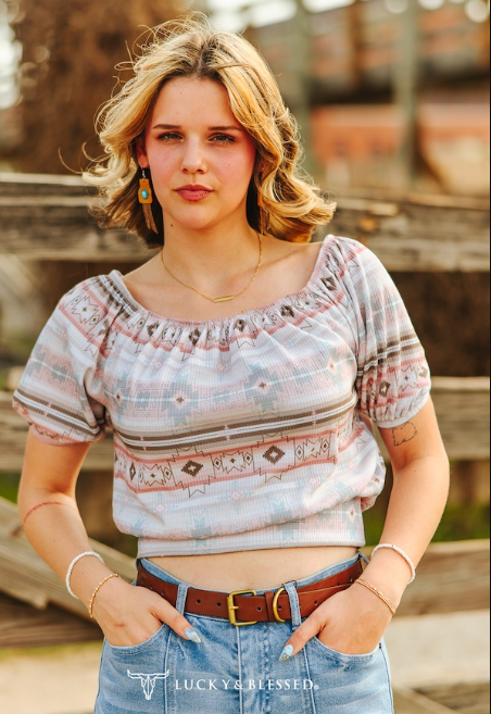 Vintage Aztec Off Shoulder Elastic Waist Top
