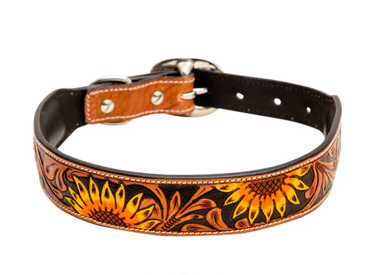 Sunflower Hand-Tooled Leather Dog Collar