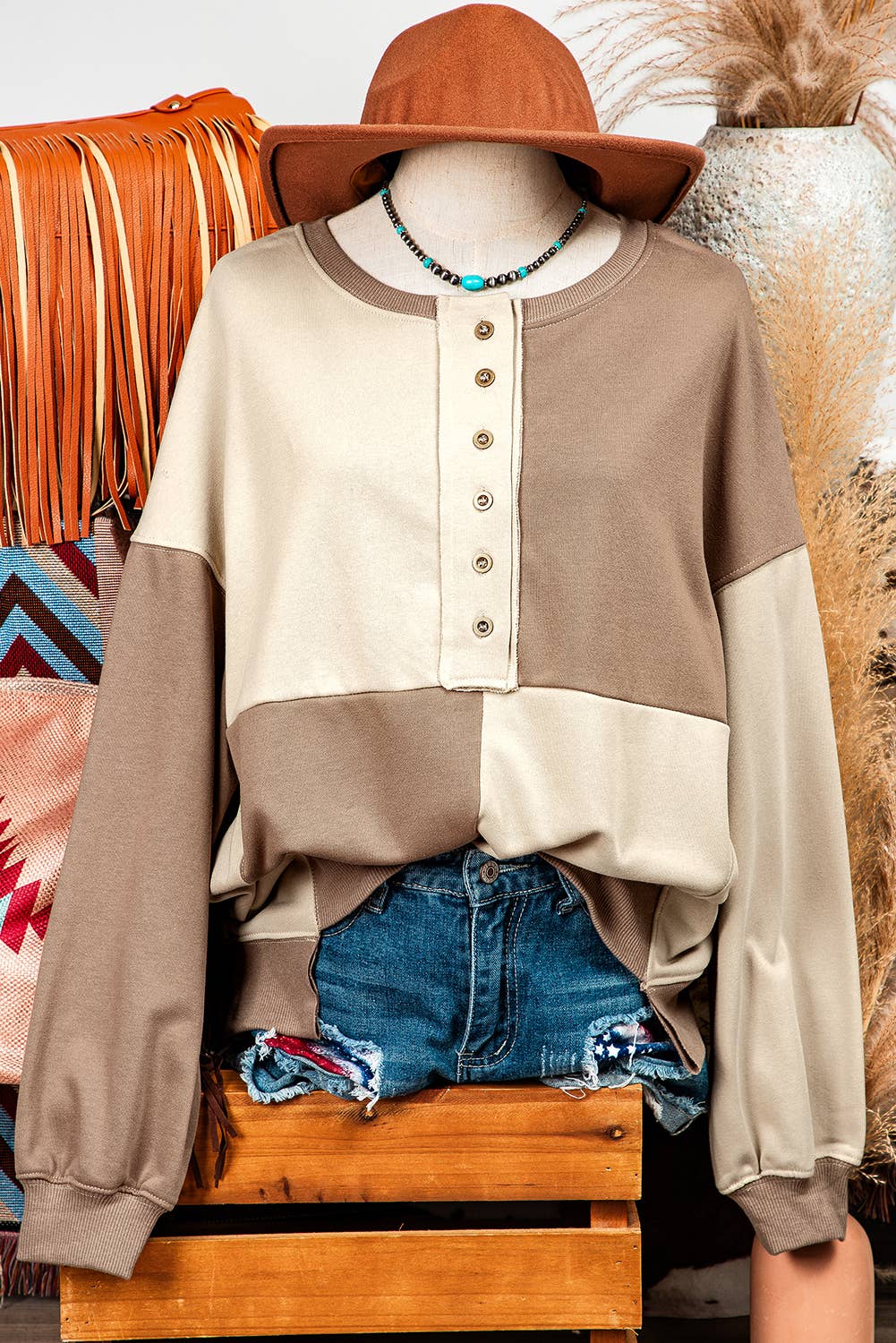Colorblock Henley High Low Pullover