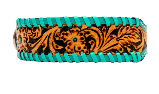 Turquoise Floral Hand-Tooled Dog Collar