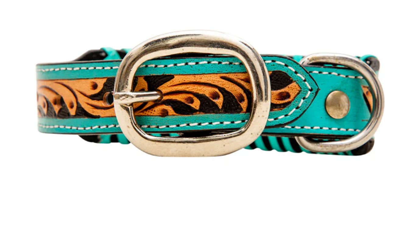 Turquoise Floral Hand-Tooled Dog Collar