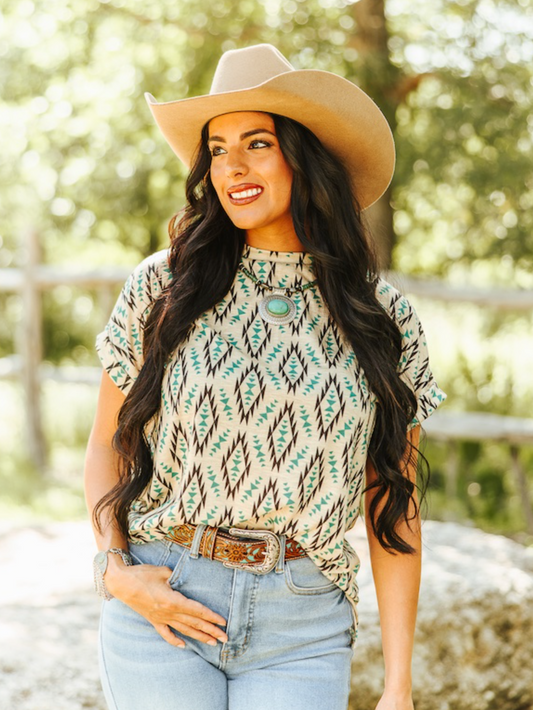 Aztec Printed Rolled Cuff Sleeve Top Plus Size