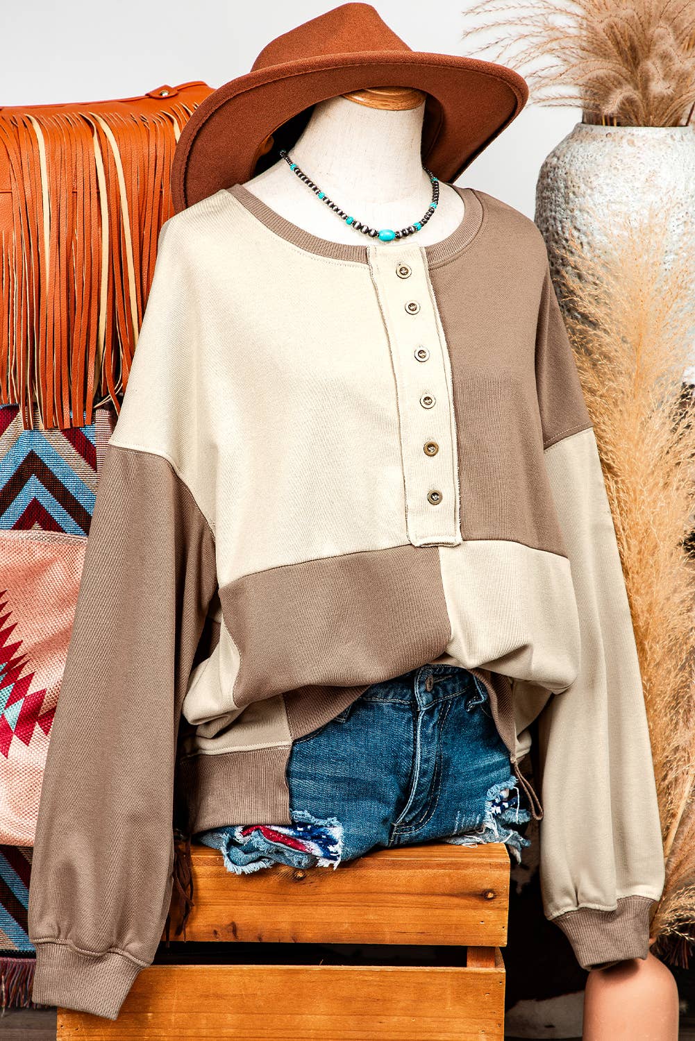 Colorblock Henley High Low Pullover