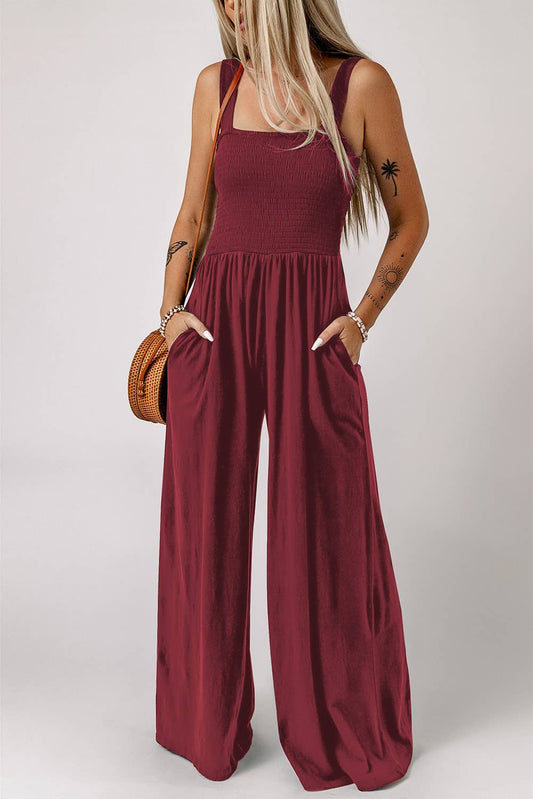 Smocked Tank Wide Leg Jumpsuit with Pockets