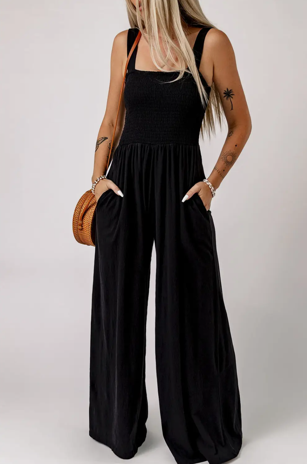 Smocked Tank Wide Leg Jumpsuit with Pockets