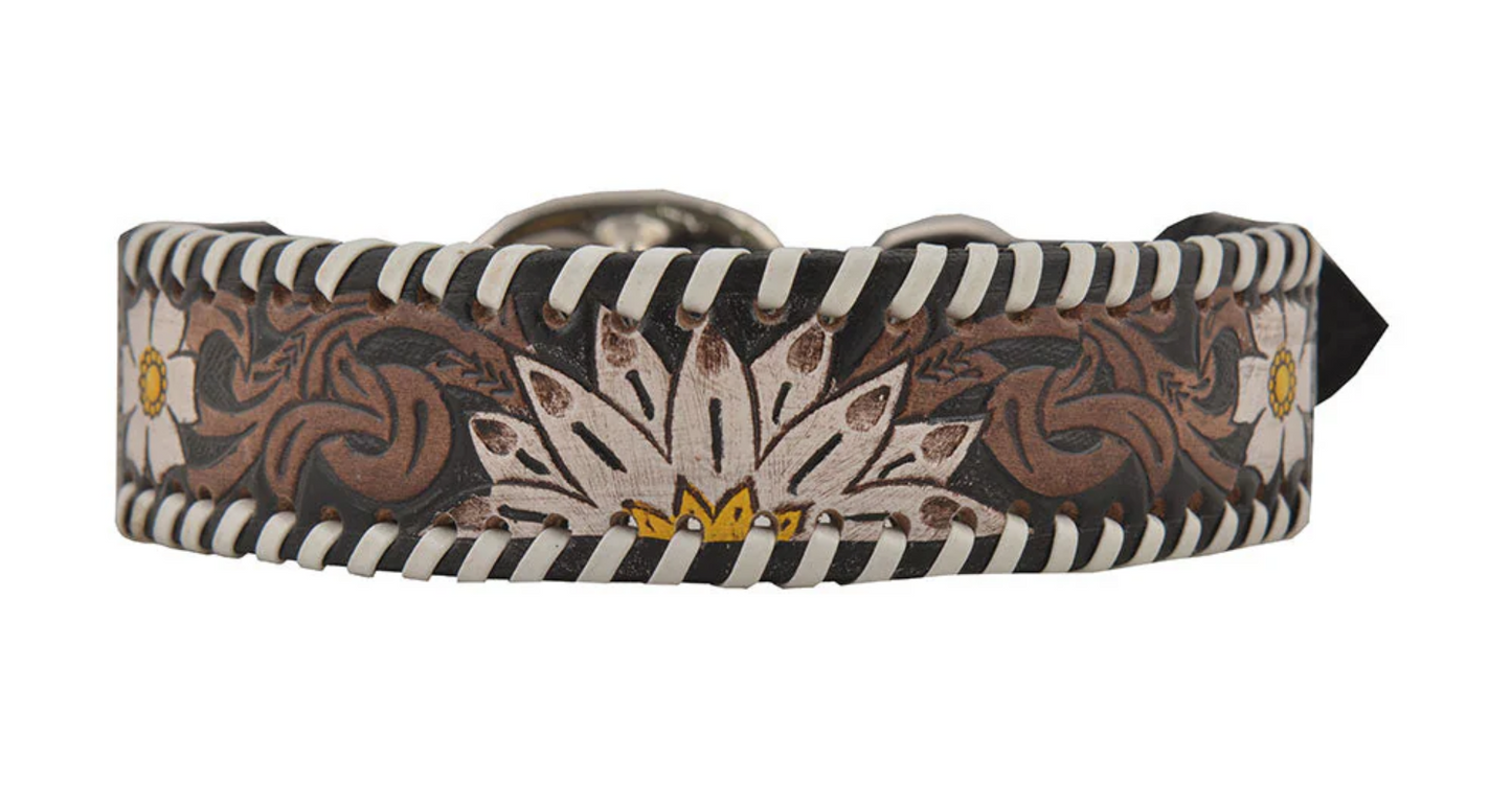 Oxy Daisy Hand-Tooled Leather Dog Collar