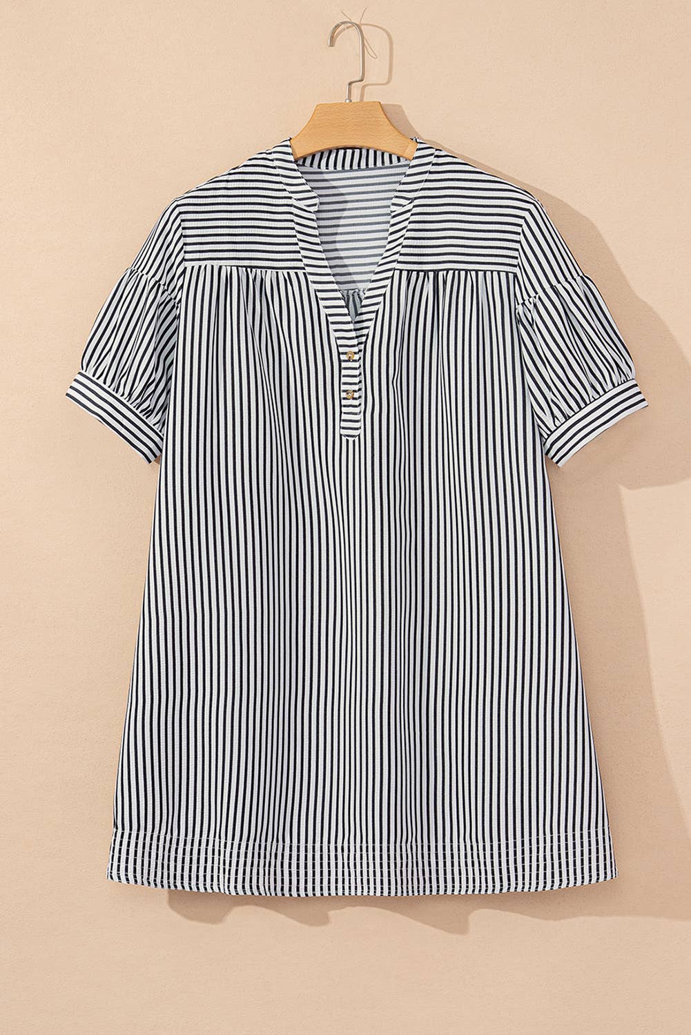 Plus Size Stripe Buttoned V Neck Pocketed Mini Dress