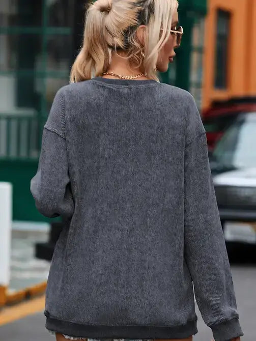 Ribbed Knit Round Neck Pullover Sweatshirt
