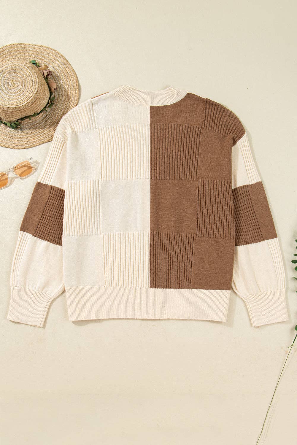 Khaki Checkered Ribbed Texture Knit Cardigan
