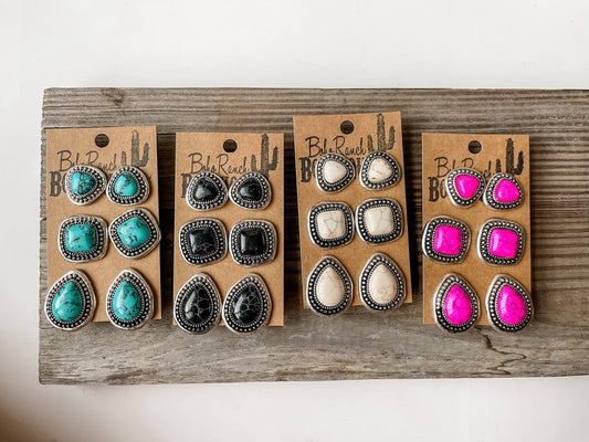 3 Pair Southwestern Jewelry Set Earrings Teardrop Square
