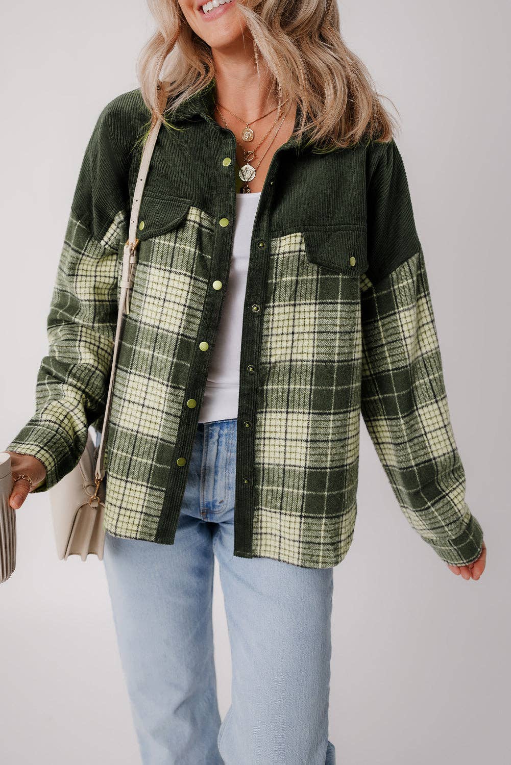 Snap Button Colorblock Plaid Shacket
