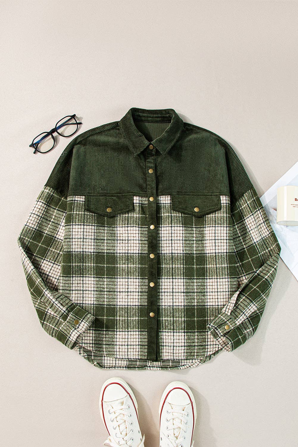 Snap Button Colorblock Plaid Shacket