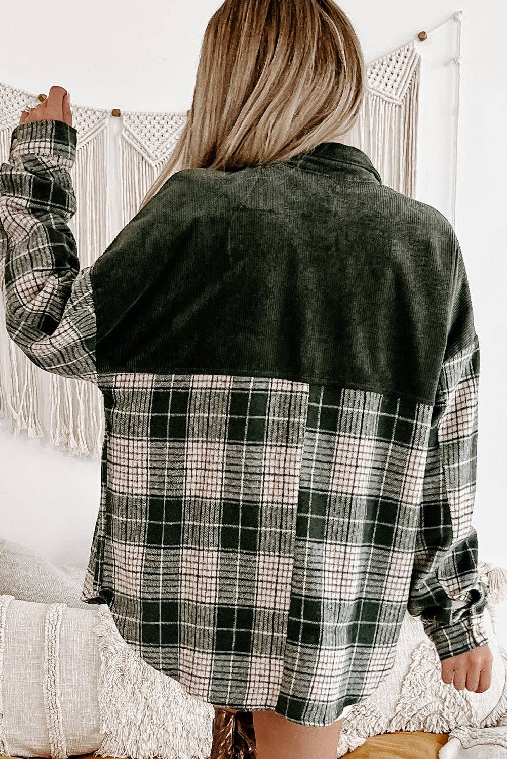 Snap Button Colorblock Plaid Shacket