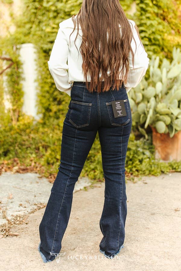 Dark Wash High Rise Front Crease Flare Jeans