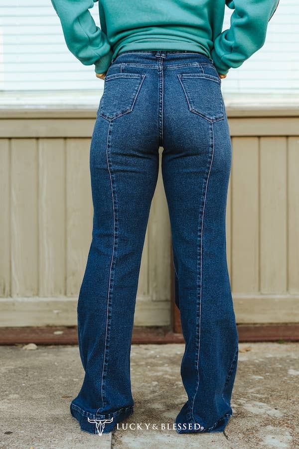 Plus Size Dark Wash High Rise Front Crease Flare Jeans