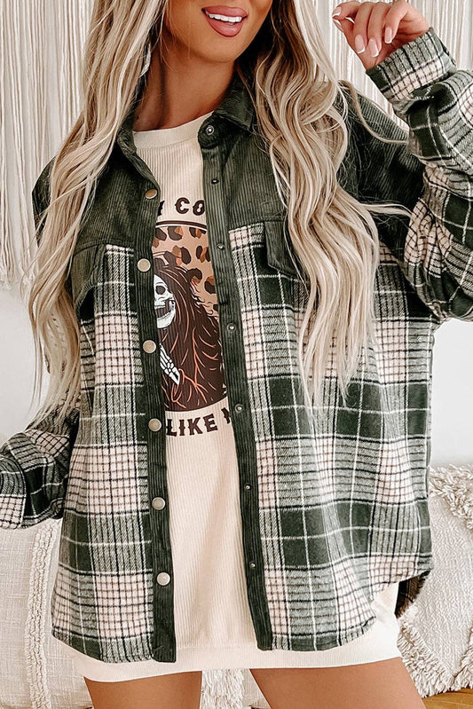 Snap Button Colorblock Plaid Shacket