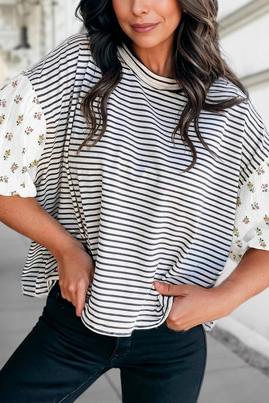 Stripe Floral Puff Sleeve Round Neck Top