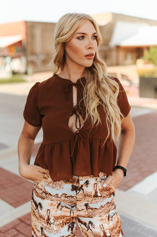 Front Tie Puff Sleeve Top