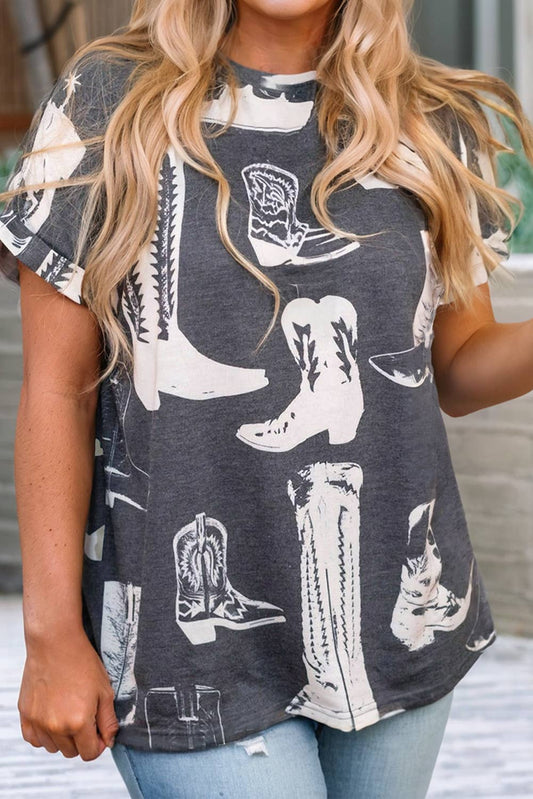 Plus Size Western Boots Print Crew Neck T Shirt