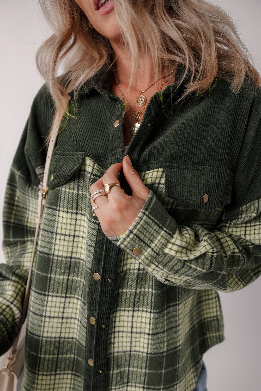 Snap Button Colorblock Plaid Shacket