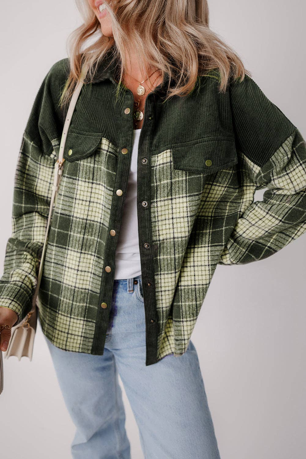 Snap Button Colorblock Plaid Shacket