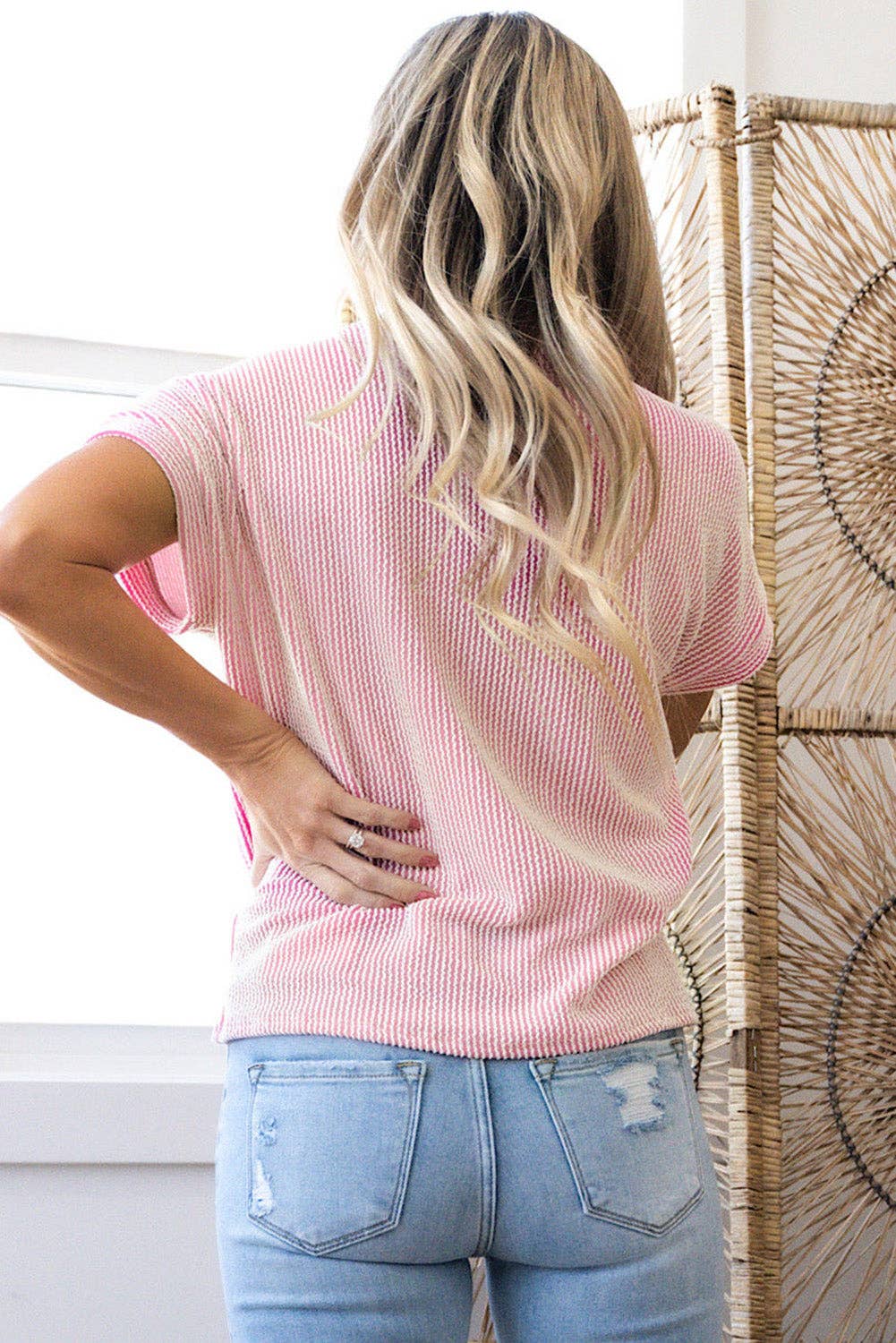 Corded Knit Color Block Crew Neck