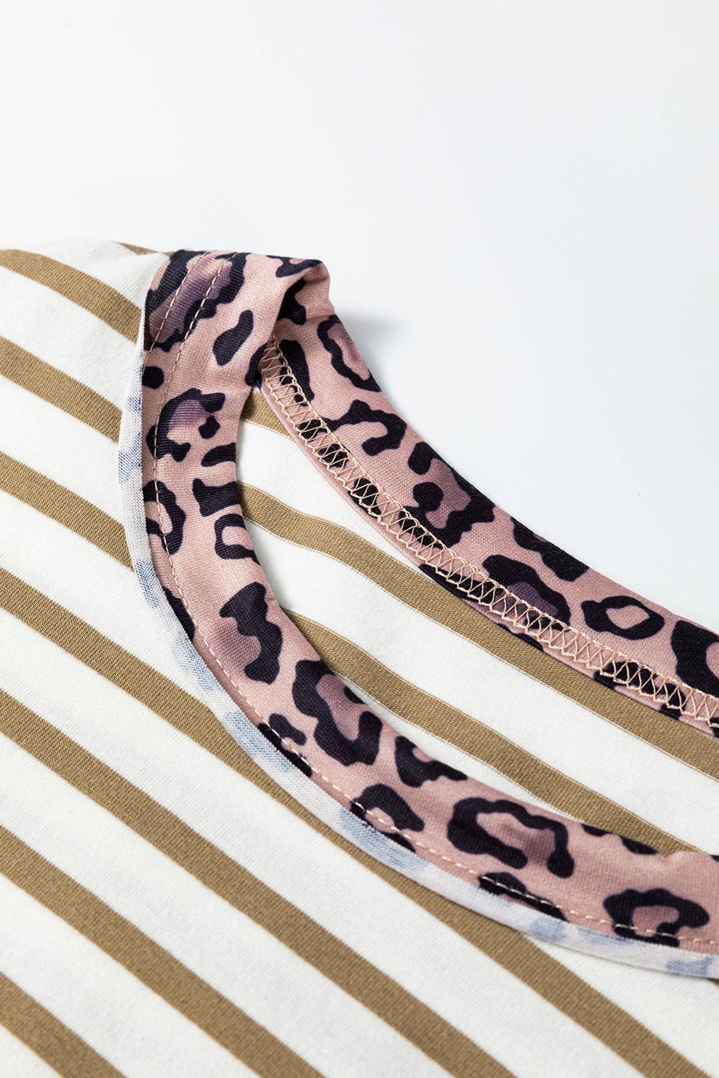 Khaki Stripe Leopard Patchwork Round Neck Loose T Shirt