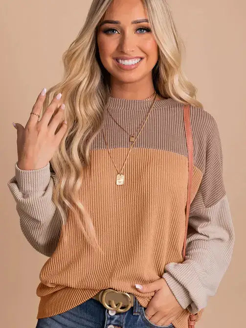 Khaki Block Long Sleeve Ribbed Top