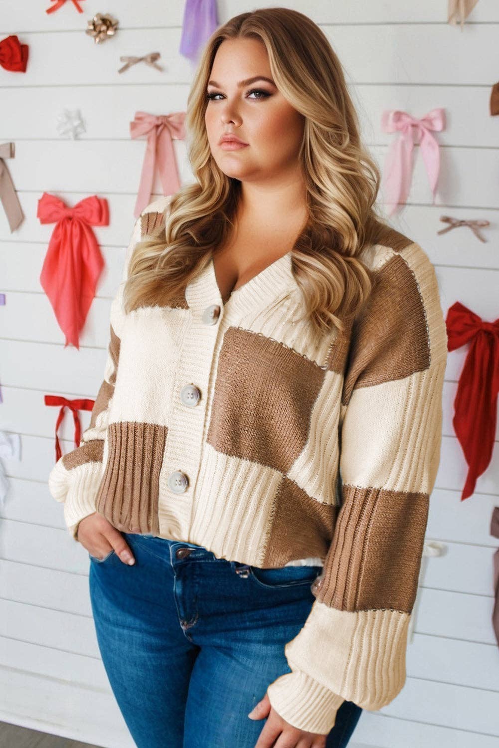 Khaki Checkered Ribbed Texture Knit Cardigan