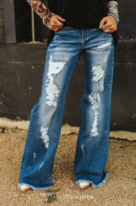 Dark Wash High Rise Distressed Jean