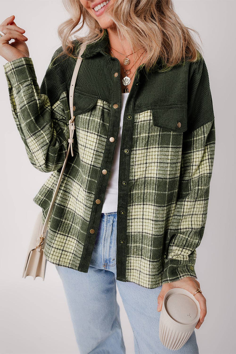 Snap Button Colorblock Plaid Shacket