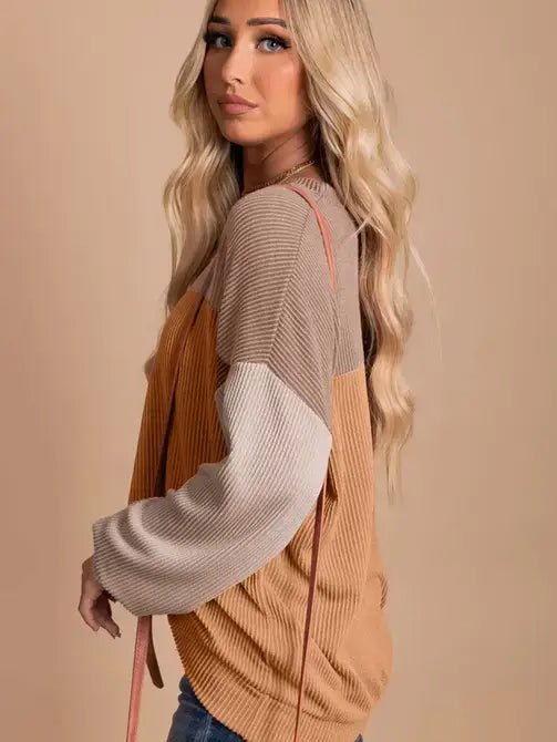 Khaki Block Long Sleeve Ribbed Top