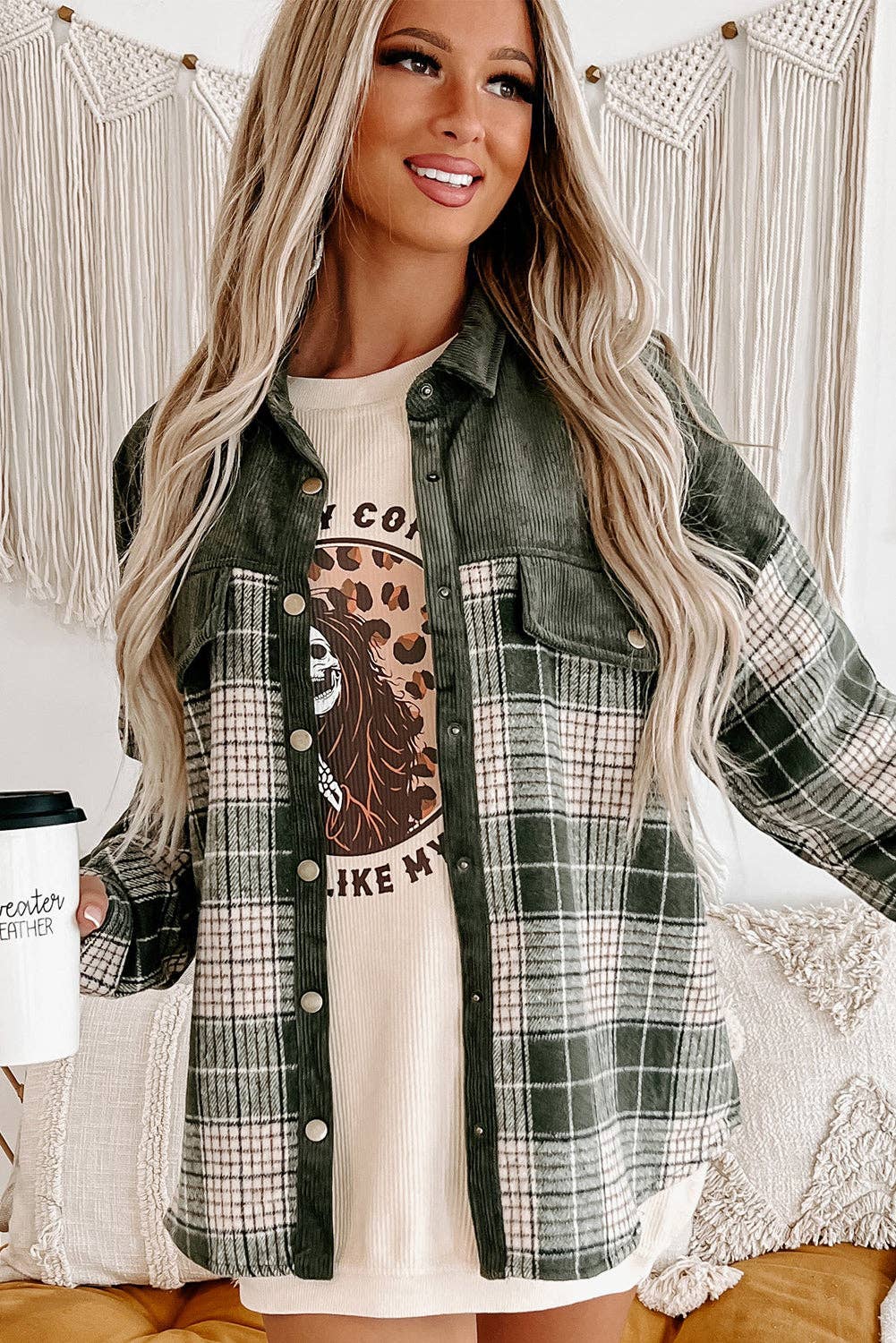 Snap Button Colorblock Plaid Shacket