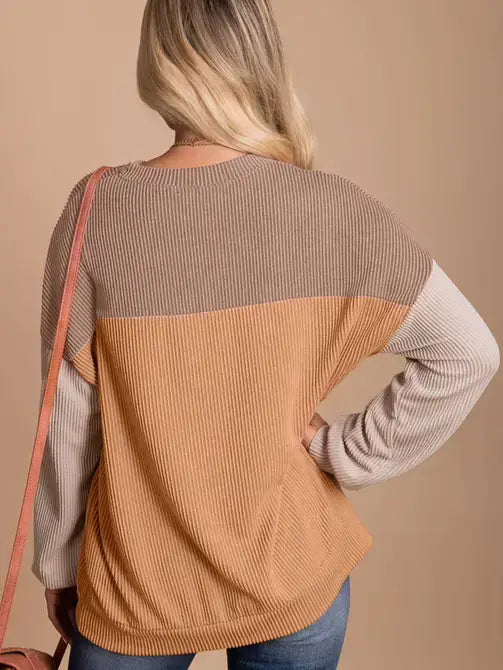 Khaki Block Long Sleeve Ribbed Top