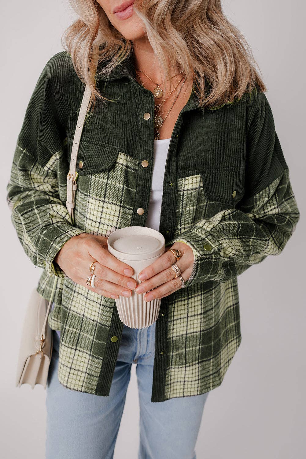 Snap Button Colorblock Plaid Shacket