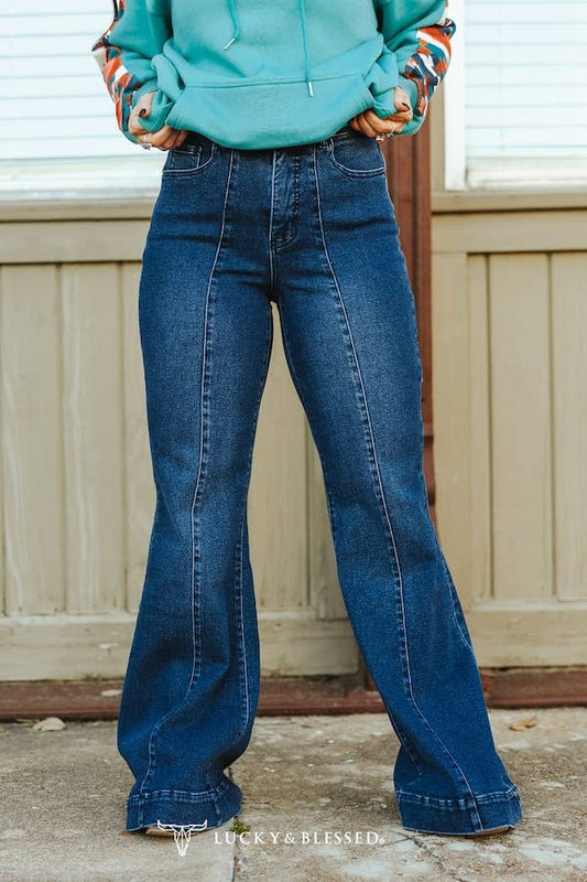 Plus Size Dark Wash High Rise Front Crease Flare Jeans
