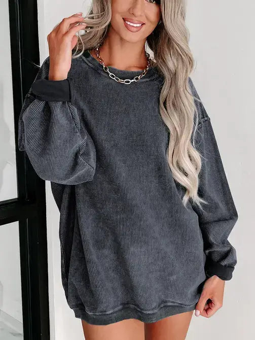 Ribbed Knit Round Neck Pullover Sweatshirt