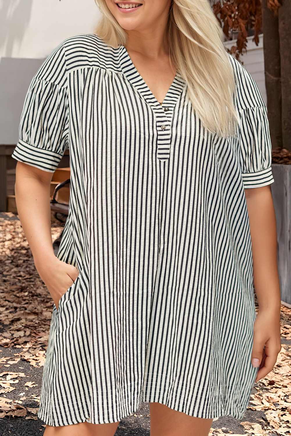 Plus Size Stripe Buttoned V Neck Pocketed Mini Dress