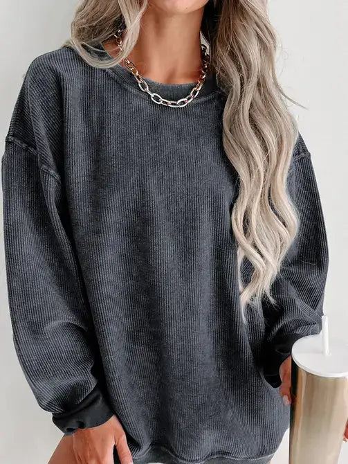 Ribbed Knit Round Neck Pullover Sweatshirt
