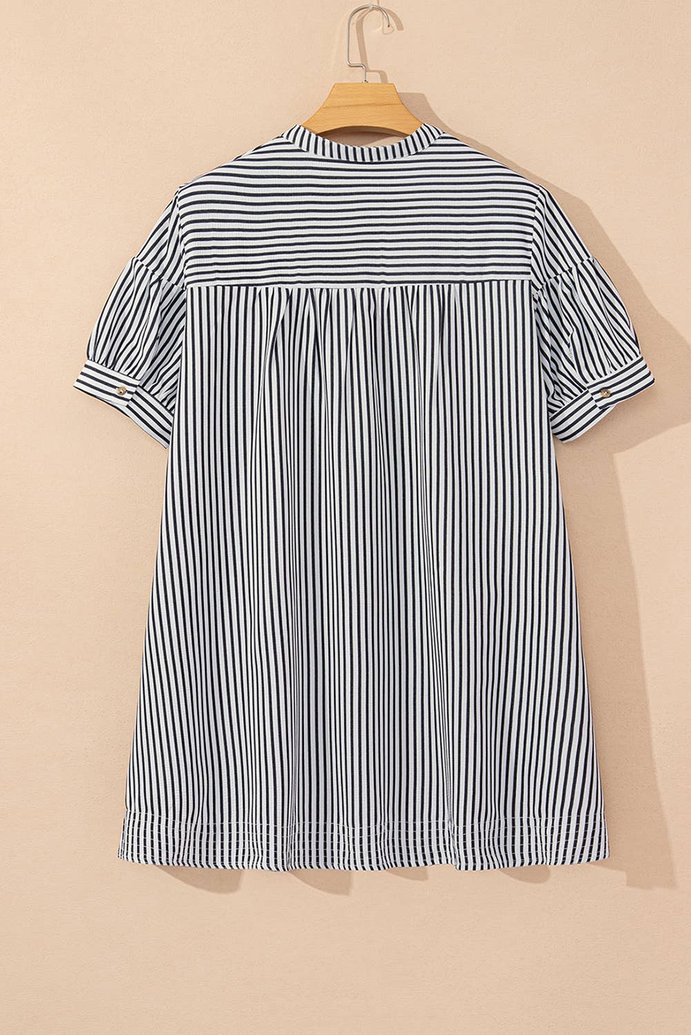Plus Size Stripe Buttoned V Neck Pocketed Mini Dress
