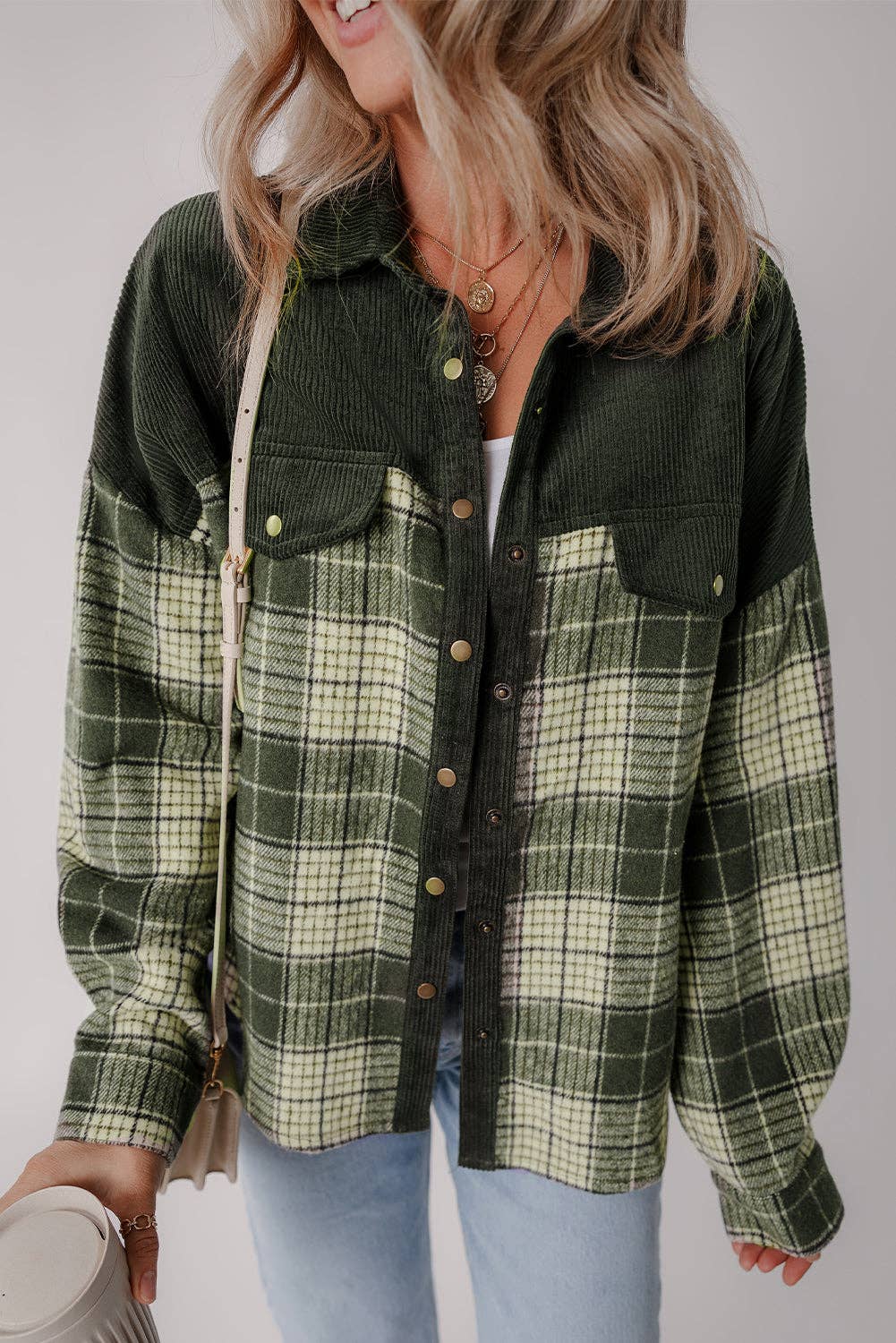 Snap Button Colorblock Plaid Shacket